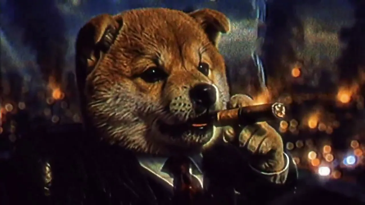 The INU shiba boss in a suit, lighting a cigar over a glowing city