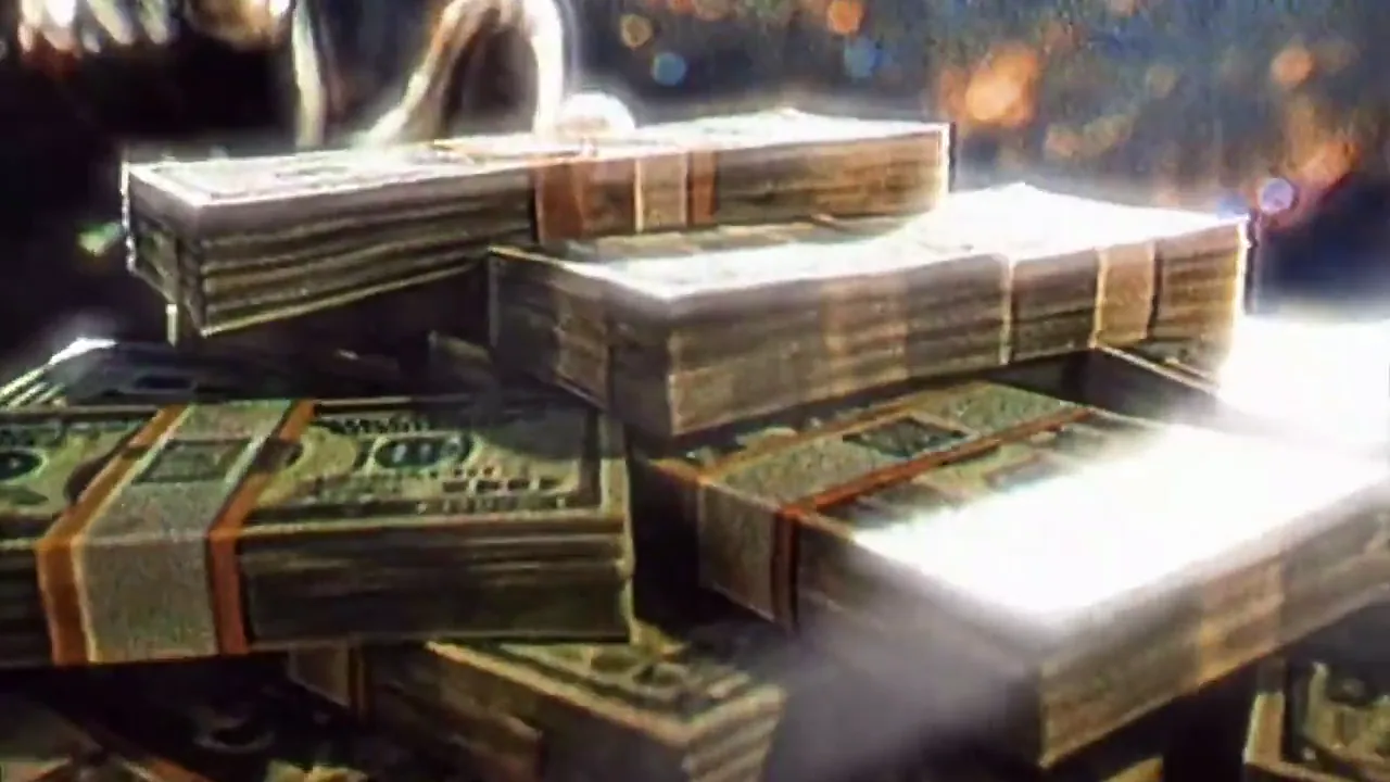 Stacks of banded cash glowing under a spotlight